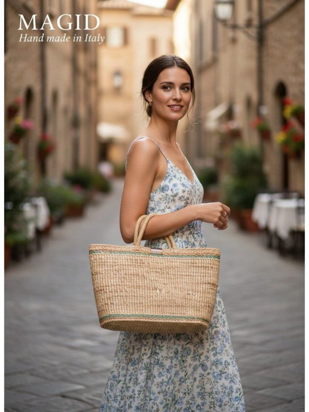Magid Handmade Italian Woven Tote Green stripe & Gold Clasp Riviera Old Money - Picture 2 of 14